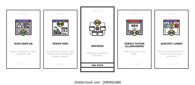 Link Building And Optimization Onboarding Mobile App Page Screen Vector. Website Link Analytics And E-commerce, With Proper Anchor Text And Social Sharing. 404 Error Guest Post Service Illustrations