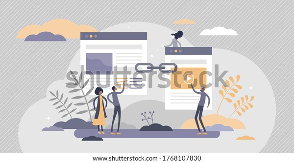 Link building as search engine optimization,\
SEO effective method tiny persons concept. Hyperlink connection\
between online websites vector illustration. Successful strategy\
for home page development