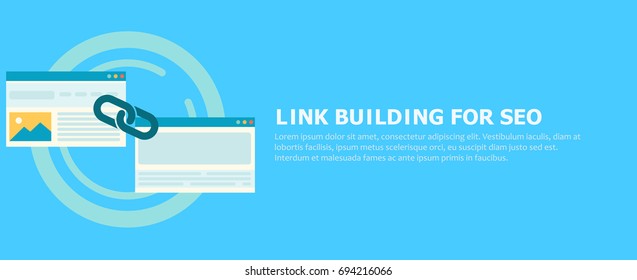 Link building for seo banner. Two pages are connected by a chain. Vector flat illustration