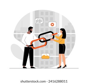Link building. SEO strategies, search engine visibility optimization, content marketing. People holding big chain. Illustration with people scene in flat design for website and mobile development.