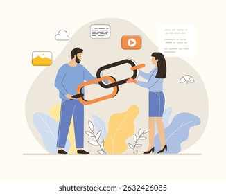 Link building. SEO strategies, search engine visibility optimization, content marketing. People holding big chain. Flat vector illustration.	
