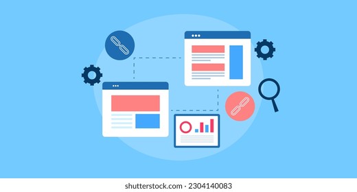 Estrategia de creación de vínculos. Software de análisis de enlaces. Construcción de vínculos SEO para marketing digital - ilustración vectorial con iconos