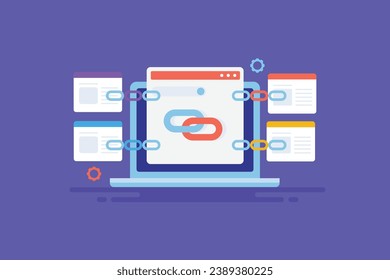 Link building strategy, SEO link building, Digital content marketing, SEO optimization, Guest post, Blog link - vector illustration with icons