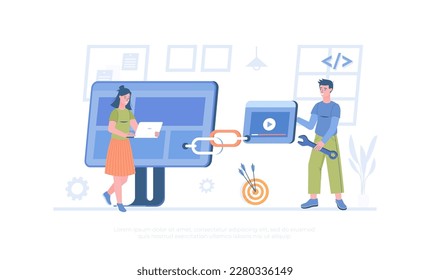 Link Building Strategy. Website marketing, Search engine optimization, SEO. Hyperlink connection between website pages. Cartoon modern flat vector illustration for banner, website design, landing page