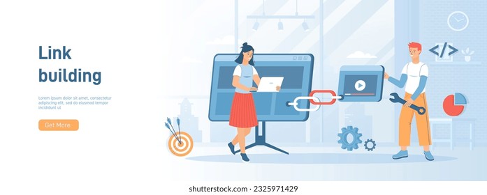 Link Building Strategy, Website marketing. Search engine optimization, SEO. Hyperlink connection between website pages. Flat concept great for social media promotional material. Website banner