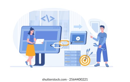 Link Building Strategy. Website marketing, Search engine optimization, SEO. Hyperlink connection between website pages. Vector illustration with characters in flat design for web banner.	
