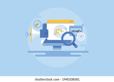 Creación de enlaces, SEO de sitios web, Estrategia de enlace - ilustración conceptual vectorial con iconos