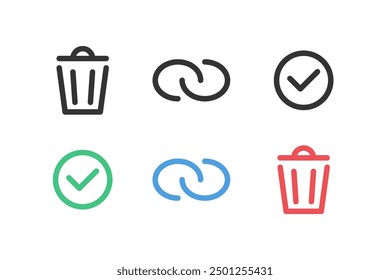 Link chain, checkmark and garbage container outlined symbol set in 2 variations. Vector icons in flat style