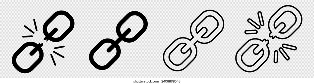 Icono de cadena de enlace. Vector de protección débil roto