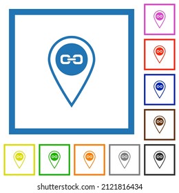 Link GPS location flat color icons in square frames on white background