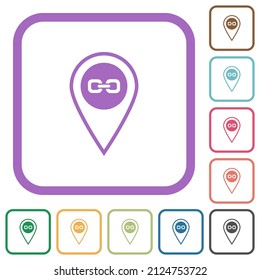 Vincular la ubicación del GPS iconos simples en marcos cuadrados redondeados de color en fondo blanco