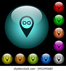 Link GPS map location icons in color illuminated spherical glass buttons on black background. Can be used to black or dark templates