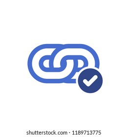 Link icon, Hyperlink chain, Internet connection, Communication network link, Internet URL or webpage url link icon with check sign. Link icon and approved, confirm, done, tick, completed symbol.