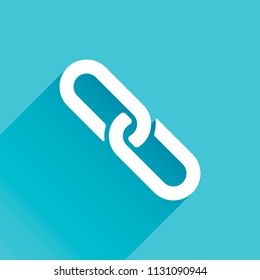 Link icon. Hyperlink chain symbol. Simple icon. Gray icon with long shadow in bottom left corner on blue background