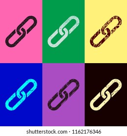 Link icon. Hyperlink chain symbol. Simple icon. Pop art style. Scratched icons on 6 colour backgrounds. 