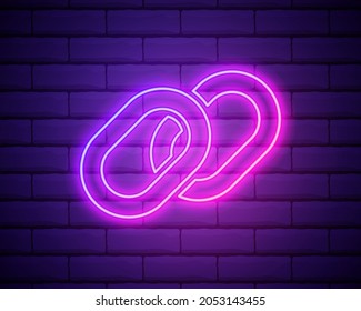 Link icon. Hyperlink chain symbol. Simple icon. Pink neon style on brick wall background. Light icon