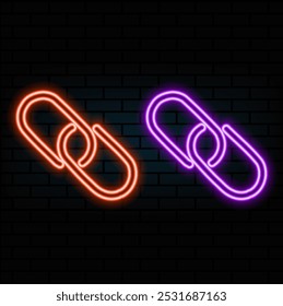 Link icon. Hyperlink chain symbol. Simple icon. Pink neon style on brick wall background. Light icon.5.