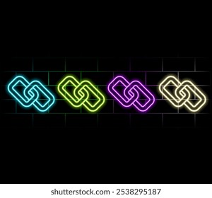 Link icon. Hyperlink chain symbol. Simple icon. Pink neon style on brick wall background. Light icon.