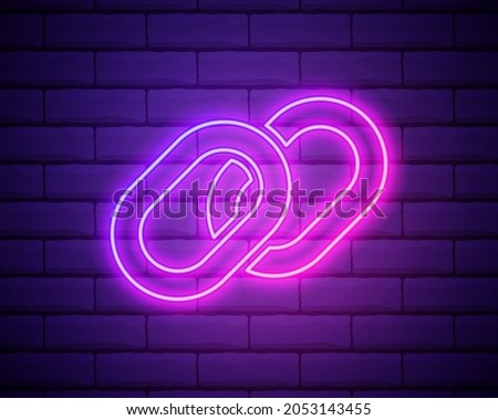 Link icon. Hyperlink chain symbol. Simple icon. Pink neon style on brick wall background. Light icon