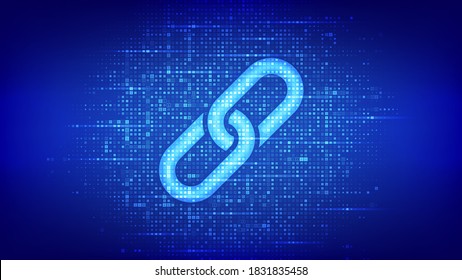 Link icon made with binary code. Blockchain technology. Cooperation symbol. Communication, security, internet safety, connect concept. Digital code background with digits 1.0. Vector Illustration.