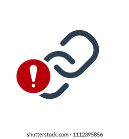 Link icon, multimedia icon with exclamation mark. Link icon and alert, error, alarm, danger symbol. Vector illustration