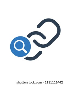 Link icon, multimedia icon with research sign. Link icon and explore, find, inspect symbol. Vector illustration