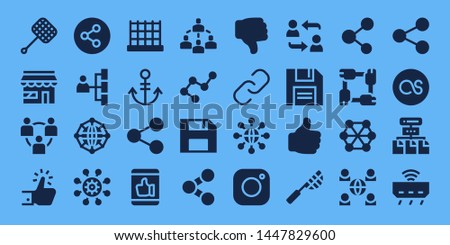 link icon set. 32 filled link icons. on blue background style Simple modern icons about  - Net, Market, Network, Like, Share, Anchor, Connected, Connection, Diskette, Dislike