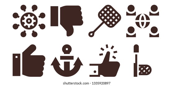 link icon set. 8 filled link icons.  Collection Of - Thumbs up, Network, Anchor, Dislike, Like, Net