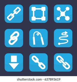 Link icon. set of 9 filled link icons such as curved arrow, chain, chain weapon, share, arrow down, network connection
