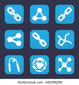 Link icon. set of 9 filled link icons such as chain, chain weapon, share, network connection