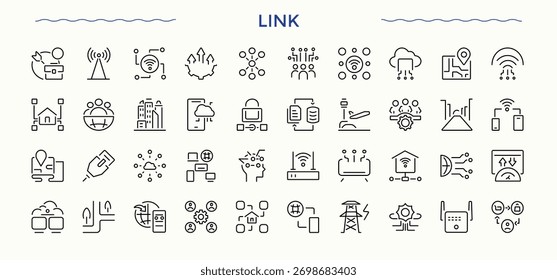 Linksymbolsatz. Automatisierungssymbolsammlung. Enthalten Intelligenz, Automatisierung, Luft, Zukunft, künstliche, Technologie und mehr. Bearbeitbarer Strich.