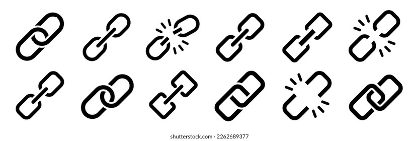 Link icon set. Chain links. Web link symbol set of black chains of different thicknesses. Vector illustration.