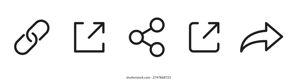 Link icon set. Chain, share, web address, internet shortcut, external Link, hyperlink navigation. Editable line width 