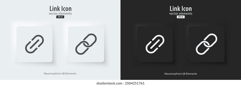 Link icon. Link, share link, and external link. A set of black and white square buttons with symbols. 3D icon in trendy neumorphic style for apps and websites. UI UX elements. Vector illustration.