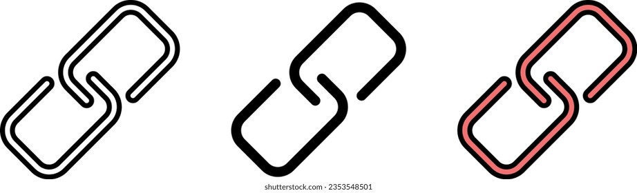 Sammlung von Symbolen verknüpfen. Symbole der Hyperlink-Kette, die ausgekleidet, isoliert und farbig sind. Vektorgrafik