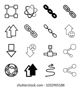 Link icons. set of 16 editable outline link icons such as arrow up, arrow down, chain, network connection, link, curved arrow