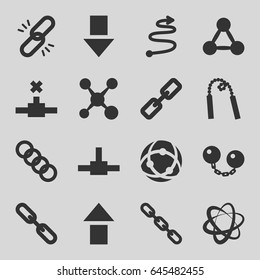 Link icons set. set of 16 link filled icons such as chain, curved arrow, chain weapon, ball chain, share, arrow up, arrow down