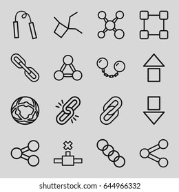 Link icons set. set of 16 link outline icons such as chain, ball chain, chain weapon, share, arrow up, arrow down, network connection