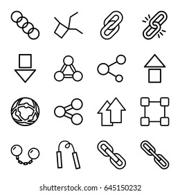 Link icons set. set of 16 link outline icons such as share, chain, arrow up, ball chain, chain weapon, arrow down, network connection