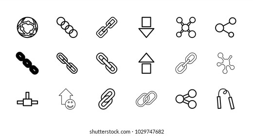 Link icons. set of 18 editable outline link icons: chain, arrow up, arrow down, share, network connection, link