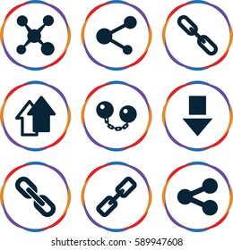 link icons set. Set of 9 link filled icons such as share, chain, arrow up, ball chain