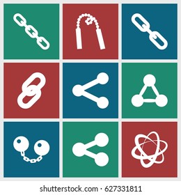 Link icons set. set of 9 link filled icons such as chain, chain weapon, ball chain, share, network connection