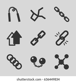 Link icons set. set of 9 link filled icons such as chain, arrow up, chain weapon, ball chain, share