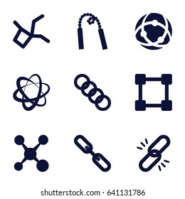 Link icons set. set of 9 link filled icons such as chain, chain weapon, share