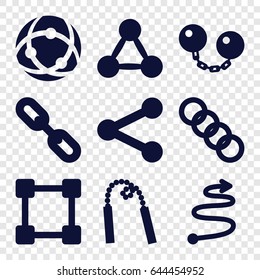 Link icons set. set of 9 link filled icons such as curved arrow, chain, ball chain, chain weapon, network connection, link