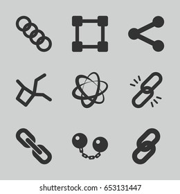 Link icons set. set of 9 link filled icons such as chain, ball chain, network connection, link