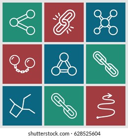 Link icons set. set of 9 link outline icons such as chain, curved arrow, ball chain, share, network connection