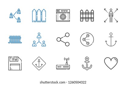 link icons set. Collection of link with like, anchor, router, diskette, share, network, fence, web development. Editable and scalable link icons.