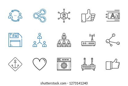 link icons set. Collection of link with like, router, web development, anchor, share, networking, network, diskette, text editor. Editable and scalable link icons.