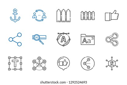 link icons set. Collection of link with networking, share, like, network, text formatting, fonts, font, search engine, fence, anchor. Editable and scalable link icons.